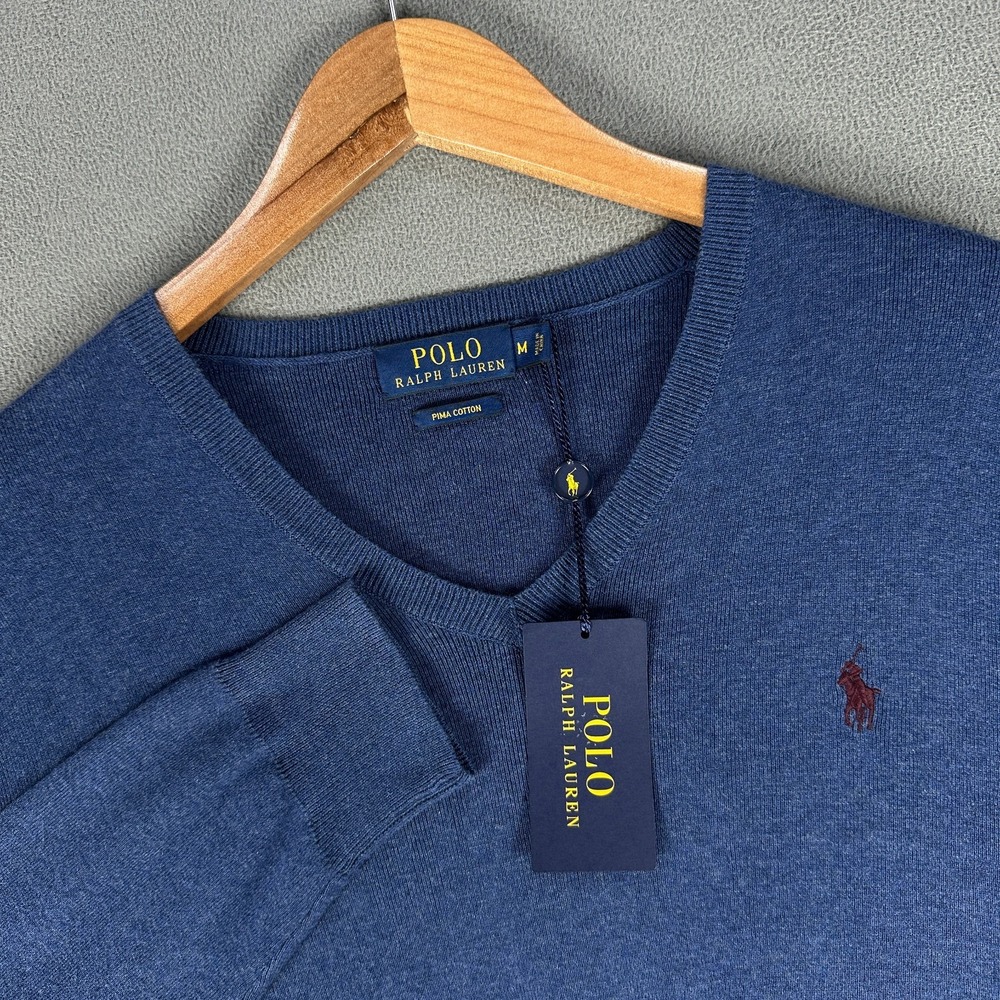 Polo Ralph Lauren Sweater Mens Medium Blue Pima Cotton V Neck Old Money New